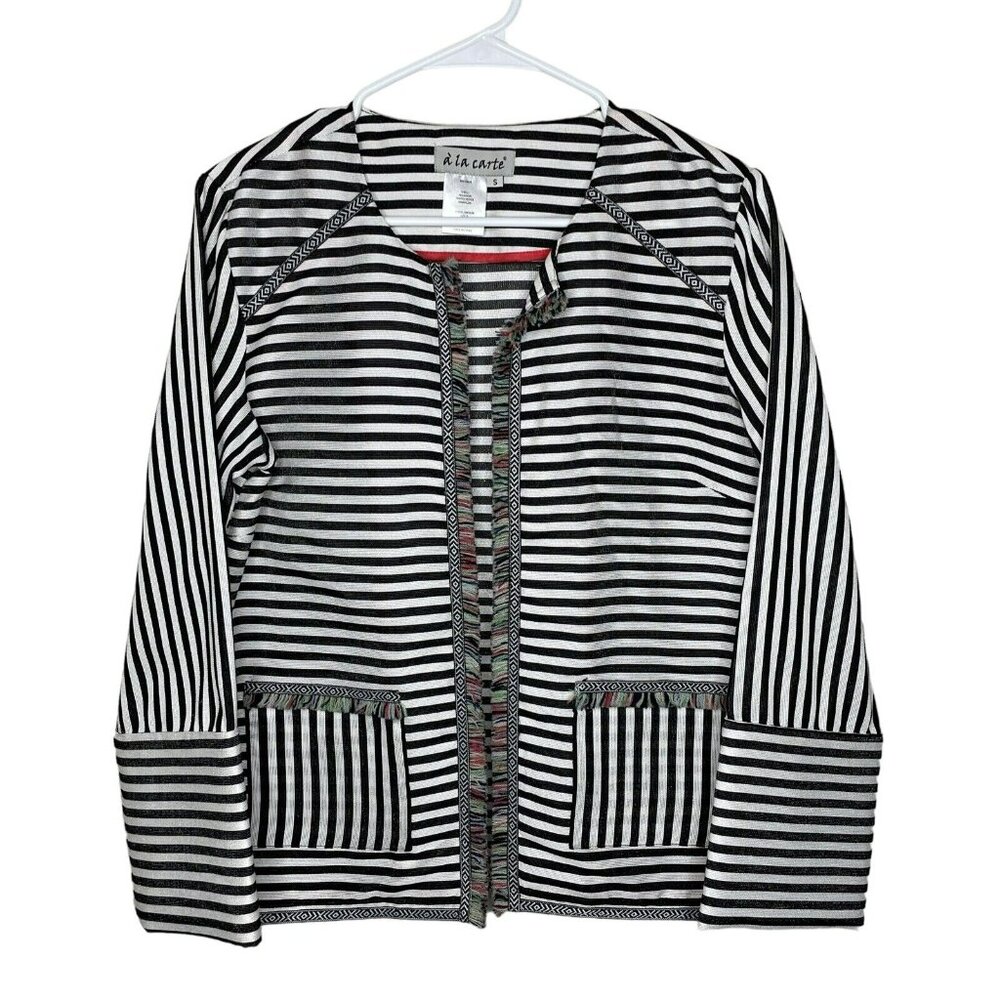 A LA CARTE Funfetti Black White Stripe Open Front Blazer Fringe Trim Wms Sz S - Picture 2 of 13